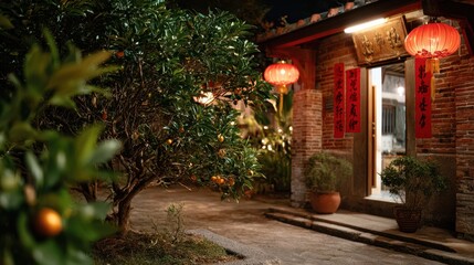 Obraz premium Traditional Chinese house decorated with red lanterns and calligraphy banners at night, surrounded by orange trees and warm lights, symbolizing prosperity during Lunar New Year celebration