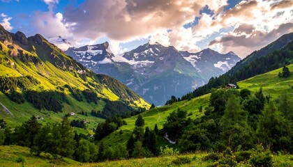 A scenic vista of a vibrant valley with rolling green hills, lush foliage, and majestic snow-capped mountain peaks under a cloudy sky