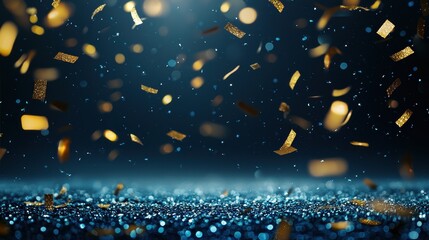 This image features shimmering golden confetti falling against a sparkly blue background, creating a festive atmosphere perfect for celebrations.
