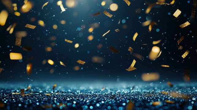 This image features shimmering golden confetti falling against a sparkly blue background, creating a festive atmosphere perfect for celebrations.