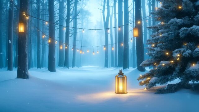 Seamless loop of snowy forest with glowing lantern, string lights on trees, pine tree with lights. Soft blue winter atmosphere with falling snow.