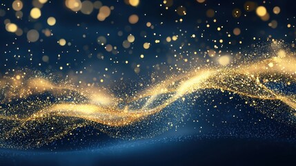 Fototapeta premium This image showcases a shimmering abstract background filled with golden and blue particles, creating a whimsical, magical atmosphere.