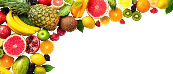 Vibrant fruit medley, various colors and shapes, forming a decorative border against a black background