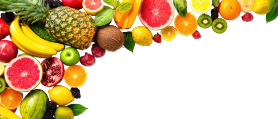 Vibrant fruit medley, various colors and shapes, forming a decorative border against a black background