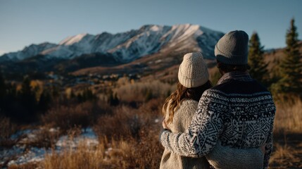 Couple wearing cozy winter sweaters and beanies standing close together and admiring snow-covered mountain peaks at sunset, enjoying peaceful moments in a scenic alpine landscape surrounded by nature