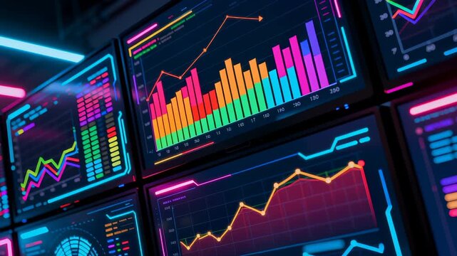 Immersive control room environment showcasing dynamic digital screens with vibrant data visualizations, displaying complex analytical insights through colorful bar graphs, line charts