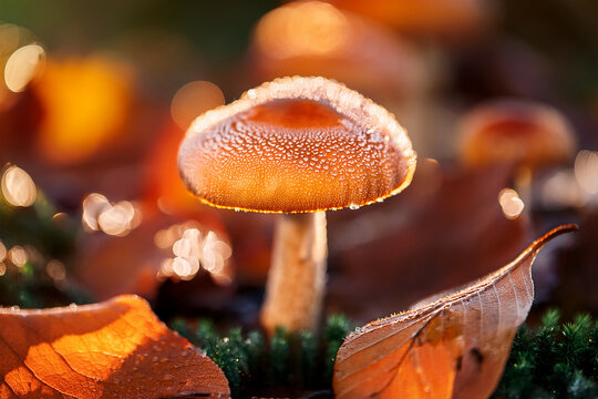 A close-up shot of a mushroom on the ground surrounded by fallen autumn leaves. - Powered by Adobe