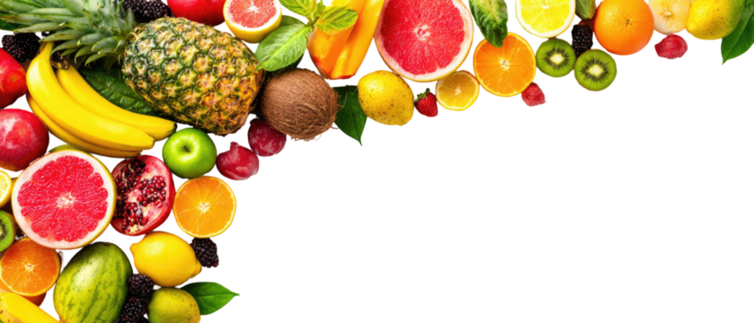 Vibrant fruit medley, various colors and shapes, forming a decorative border against a black background