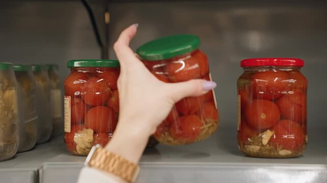 Close up of shopper hand grabbing transparent glass jar of tomatoes with green lid from metal shelf rails in bright grocery aisle highlighting blurred movement and polished nails wrist watch