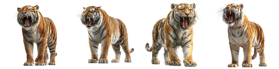 Fototapeta premium Magnificent tigers roaring with ferocity, embodying strength and power, perfect for wildlife documentaries, conservation campaigns, and impactful visual storytelling