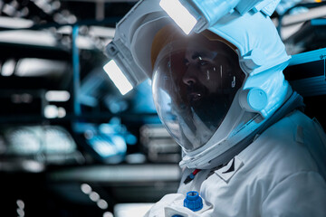 Sad astronaut showing signs of depression after extended time alone in space station. Unhappy spaceship crew member struggles with isolation as emotional strain grows in confined environment