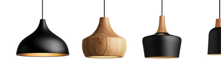 Fototapeta premium Four pendant lamps, two with black and two with light brown wooden shades