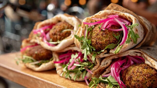 Close-up of fresh falafel wraps with pickled onions and herbs