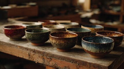 Handcrafted colorful ceramic bowls on rustic workbench in artisan studio