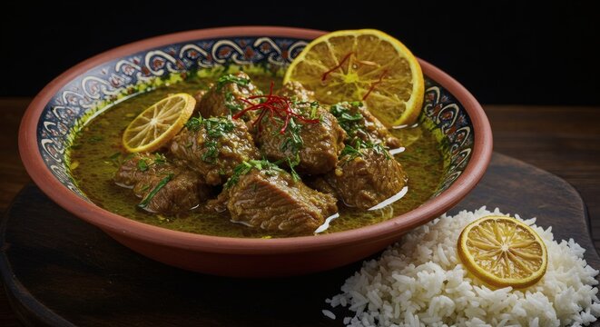 Khoresh Persian Stew with Herbs Meat and Dried Limes in Elegant Presentation