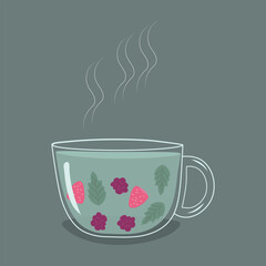 cup of mint tea with strawberries and raspberry