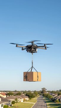 Advanced hexacopter autonomously transporting cardboard package via suspended cable over residential suburban landscape with clear sky, demonstrating precision logistics technology.