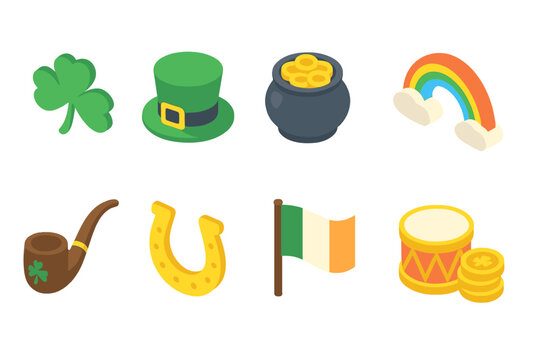 St. patrick's day 3d icon set: shamrocks, coins, rainbow, and more festive elements