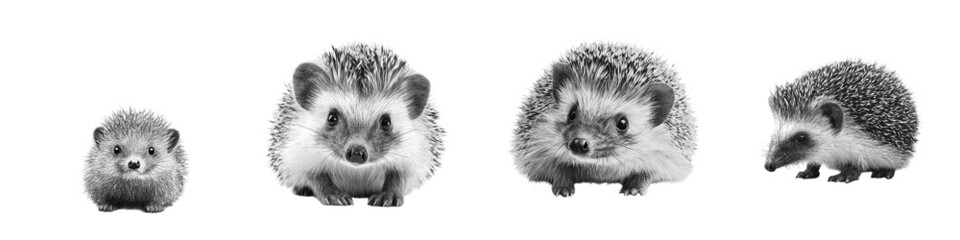Obraz premium Adorable hedgehog family portrait in black and white, expressive and cute, perfect for pet-themed designs or heartwarming animal-related content, a charming wildlife scene