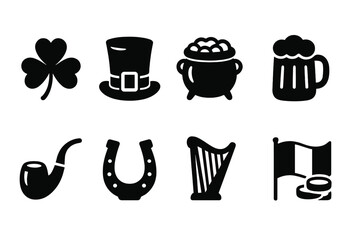 St. patrick's day solid icon set: celebratory symbols in solid style collection