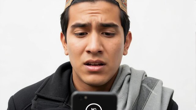 Frustrated young man gets angry at his phone after losing signal. Close-up of a person reacting to a 'no signal' error message. Bad mobile connection and technology problems concept