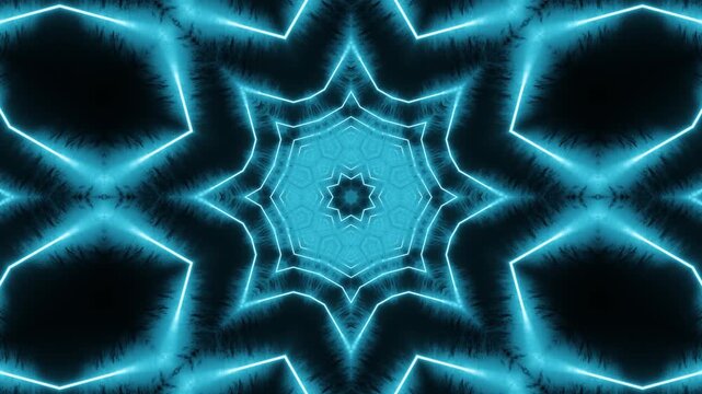 Abstract neon acid mandala kaleidoscope background glowing with octagonal luminous geometry, futuristic fractal symmetry endlessly forming radiant visual motion waves