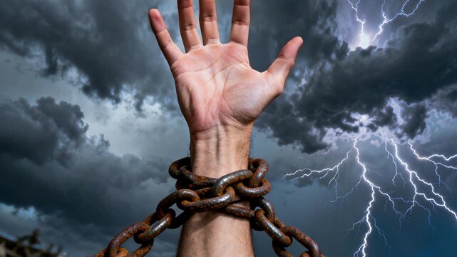 Powerful silhouetted hand violently breaking rusted metal chains against turbulent stormy background with electric lightning, visualizing human resilience and transformative struggle