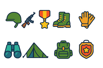 Military, camping line icon set. essential outdoor equipment and gear collection