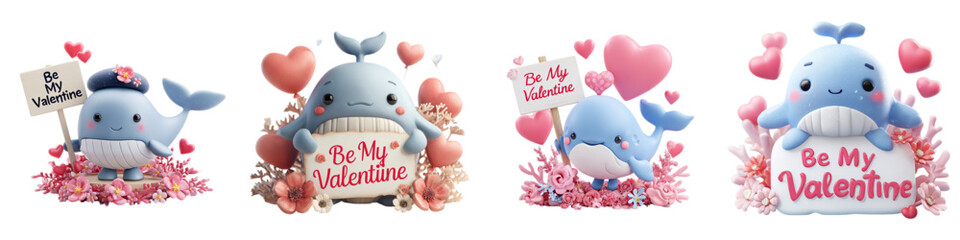 Spread love with these adorable cartoon whales holding 'Be My Valentine' signs, perfect for Valentine's Day cards, social media posts, and heartfelt messages of affection