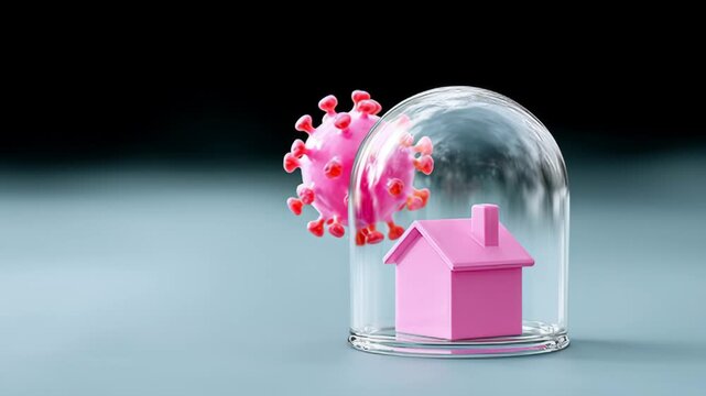 Colorful 3D illustration depicting a pink house under a glass dome, as a vibrant virus approaches, showcasing the concept of protection and safety in a visually engaging manner, camera pans smoothly