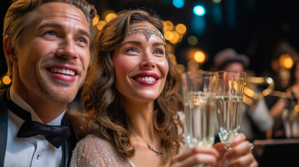 Elegant couple attending a 1920s Gatsby party, chandeliers shimmering above, champagne glasses raised, Art Deco interior, jazz band in background, luxury and elegance, timeless cel