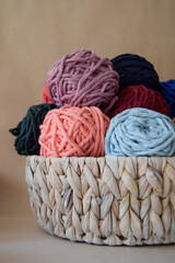 Colorful cotton yarn balls in craft studio &mdash; handmade textile and knitting materials