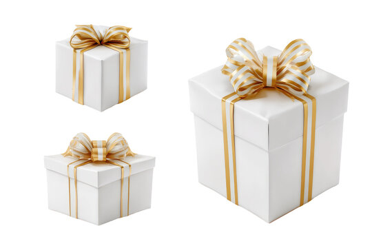 Three white gift boxes, varying sizes, adorned with gold ribbon bows