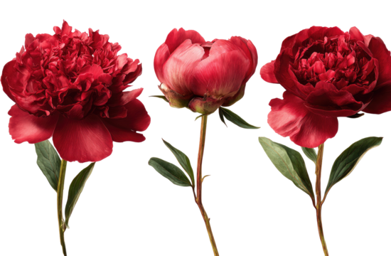 Three crimson peonies, close-up, dark background