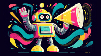 colorful retro robot with megaphone illustration 