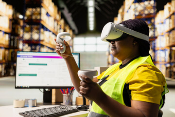Black female employee using VR glasses to monitor parcel status on digital package tracking software, AI-driven inventory management and order processing in logistics hub. Virtual reality.