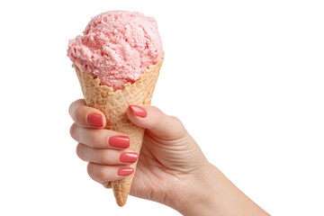 Pink ice cream cone held in a hand with painted nails