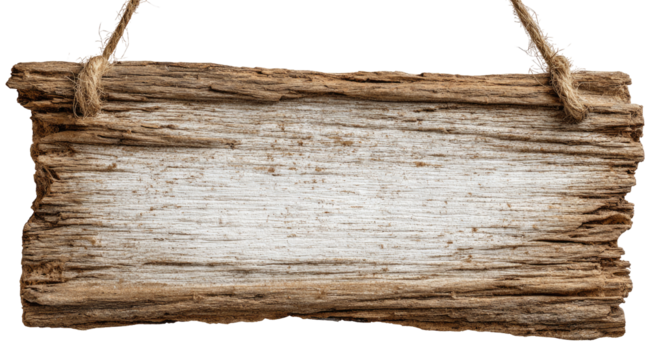 Rustic wooden sign, hanging by ropes.  Light-colored wood with  a worn, aged appearance