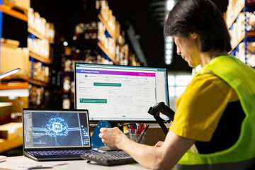 Asian warehouse worker uses AI virtual assistant to help manage inventory, scanning barcodes in order to update shipping labels and deliver accurate order processing. Online shopping activity.