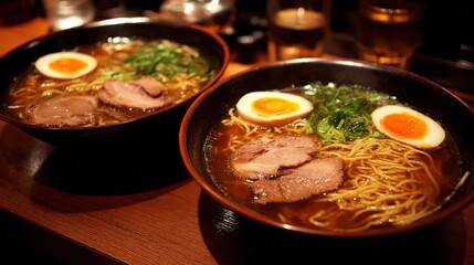 Delicious bowls of ramen with soft boiled eggs and slices of pork