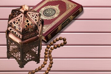 A bronze Ramadhan lamp with Islamic rosary