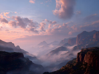 Panoramic vista of misty mountains at sunrise with soft clouds