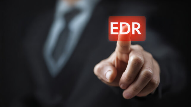 Businessman pressing EDR (Endpoint Detection and Response) button on virtual screen.