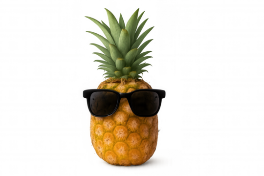 Pineapple wearing black sunglasses, portraying summer vacation, humor, and tropical coolness on transparent background