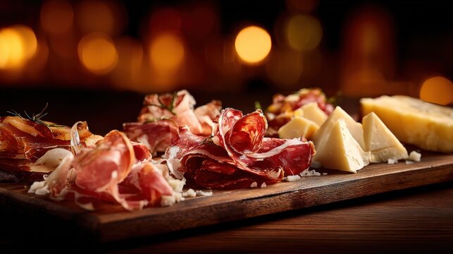 Artisan charcuterie board featuring assorted cured meats and cheeses with warm bokeh background