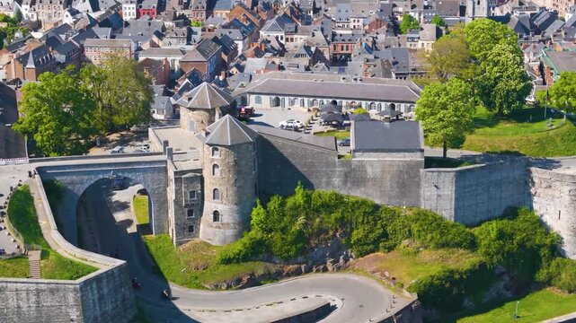 citadel namur belgium along surrounding areas camera to left right up close pans aerial view footage close-up of citadelle de panning shot 
