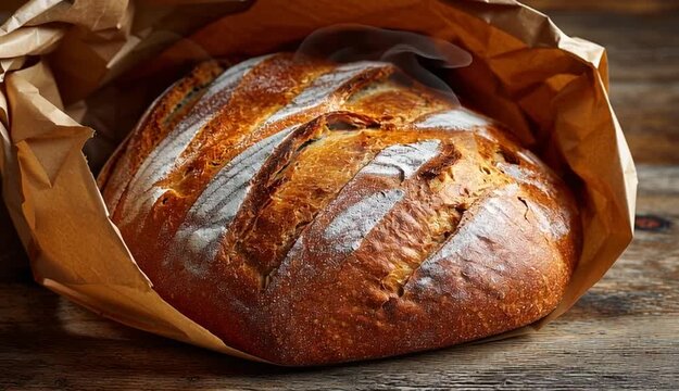 loaf of freshly baked bread wrapped in a brown paper bag, ideal for picnics or as a gift