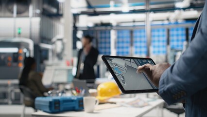 Industrial specialist checking digital manufacturing systems on tablet, solar energy production line in the factory. Black expert showcases industry engineering in solar plant. Close up. Camera A.