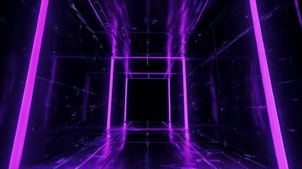 Interior futuristic tunnel of neon lights and geometric shapes reflecting in dark surfaces - Powered by Adobe