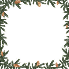 Hand drawn square watercolor frame of natural spruce branches and pine cones. festive Christmas border with space for text in centre. Isolated on white background for invitations, holiday designs.